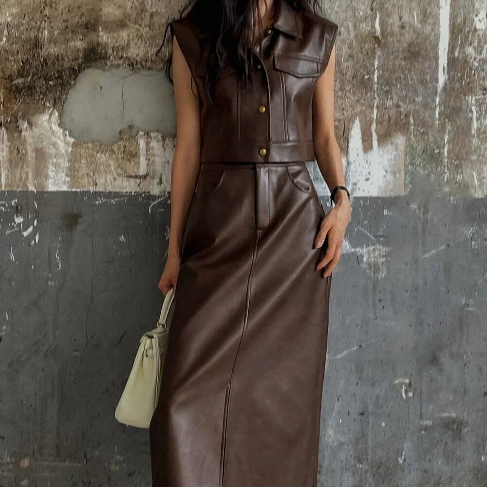 Brown Womens faux leather Sleeveless Jacket Vest & Split Hem Straigt skirt